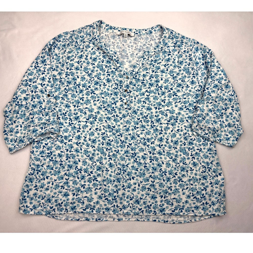 Emily Daniels Womens XL Blue Floral Rayon Roll Tab Sleeve Henley Blouse‎ Top